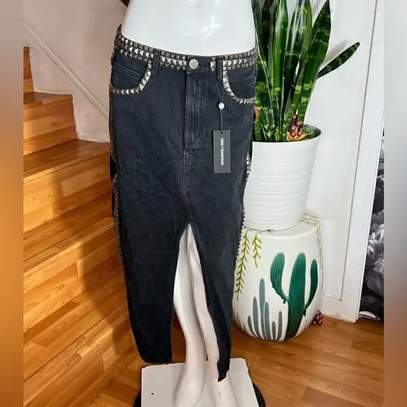 One Teaspoon BLACK OAK STUDDED ROCKO LONG LENGTH DENIM SKIRT/ size 27 - Picture 5 of 8